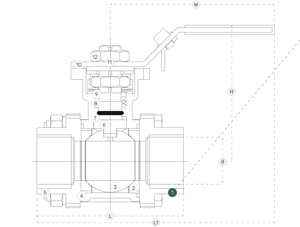 Технический чертеж крана шарового муфтового трёхсоставного нержавеющего (3PC), AISI304 DN20 (3/4"), (CF8), PN64